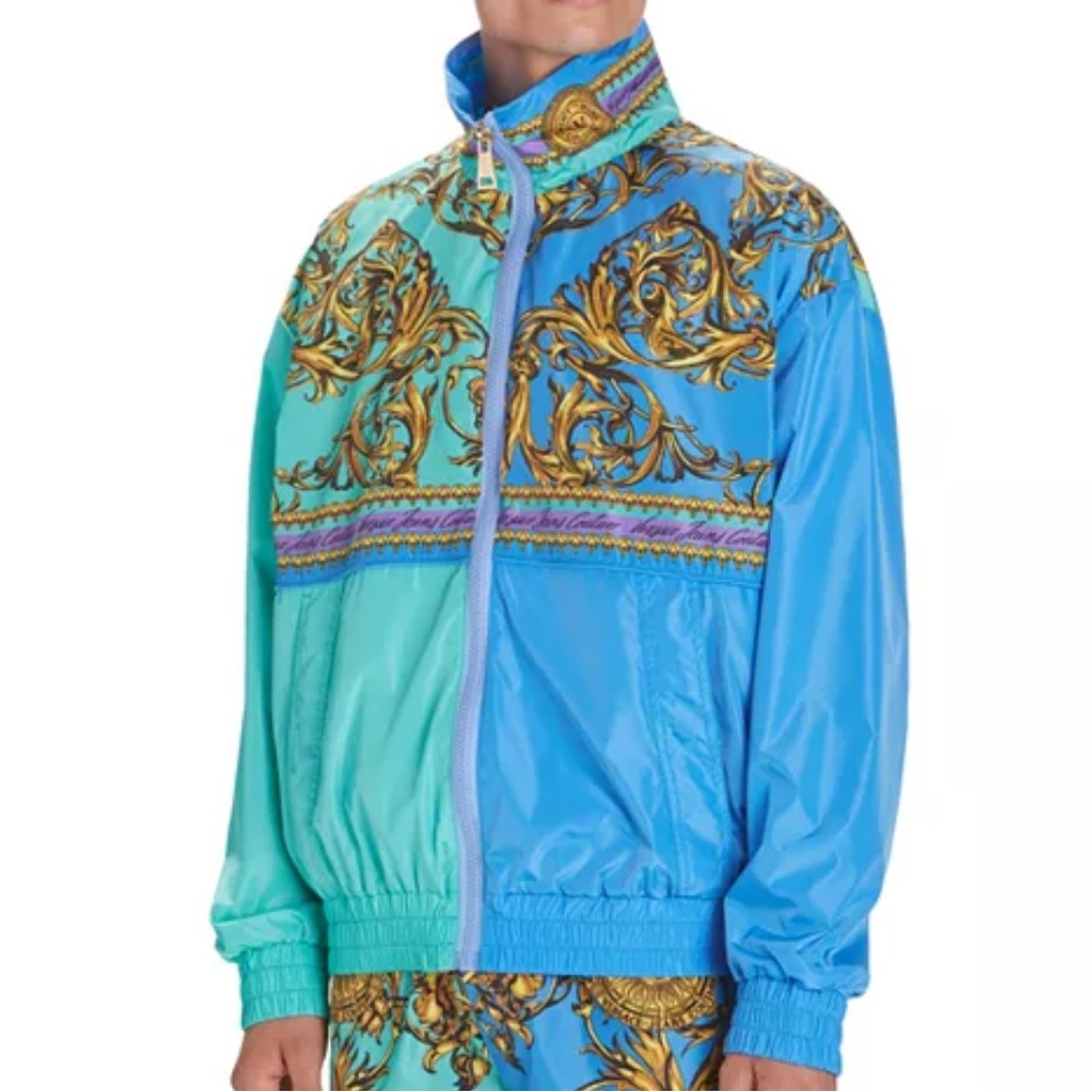Versace Jeans Couture Men's Blue and Gold Baroque Paneled Print Nylon Jacket